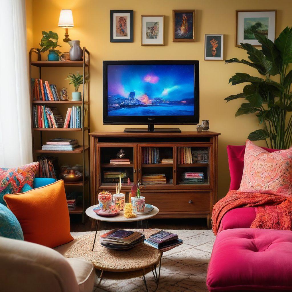 A cozy living room scene featuring a vintage tiny television displaying colorful, captivating scenes from various binge-worthy shows and series. Surround the television with plush cushions, popcorn bowls, and a soft throw blanket, creating an inviting atmosphere. Add a bookshelf in the background filled with DVD collections and fun collectibles, emphasizing a love for storytelling. The room should have warm lighting to evoke a sense of comfort and relaxation. vibrant colors. painting.