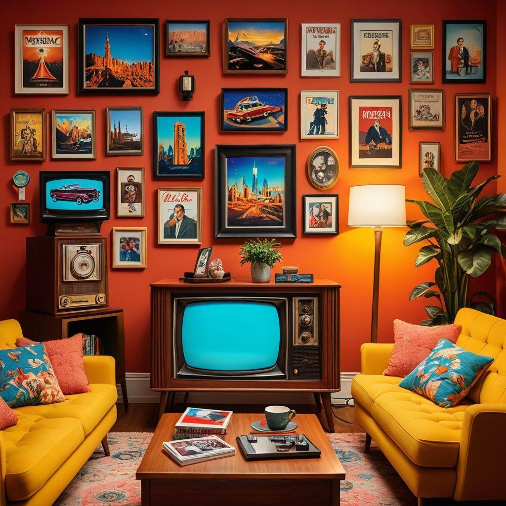 A collage of iconic small screen series featuring a vintage television set, vibrant scenes from various genres including drama, comedy, and sci-fi, surrounded by pop culture artifacts like movie clapperboards and popcorn. Incorporate characters in action, with a cozy living room setting in the background that invites viewers to binge-watch. vibrant colors. 3D. retro style.