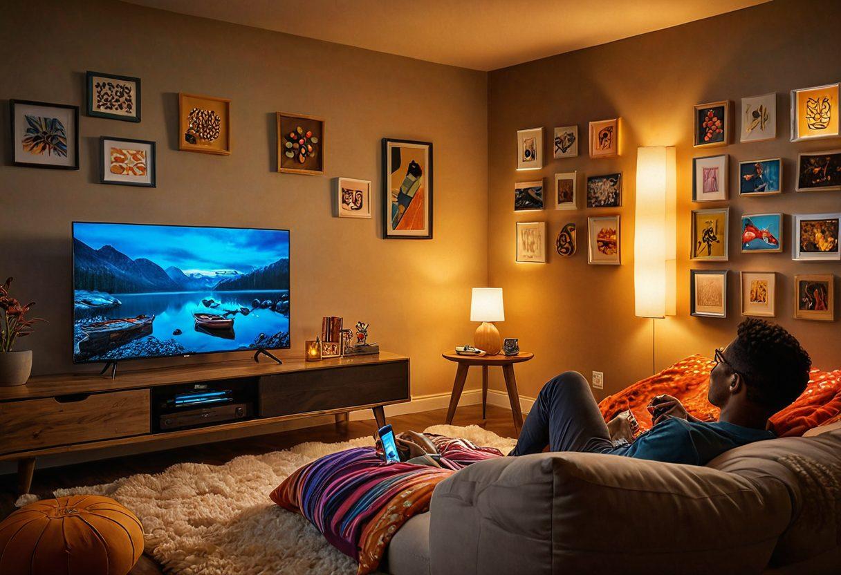 A cozy living room setting featuring a tiny television displaying a colorful streaming interface, surrounded by plush blankets and snacks. A person happily lounging on a bean bag, immersed in binge-watching, with soft, warm lighting creating an inviting atmosphere. Various digital streaming icons float around the TV, symbolizing a diverse range of content. super-realistic. vibrant colors. cozy ambiance.